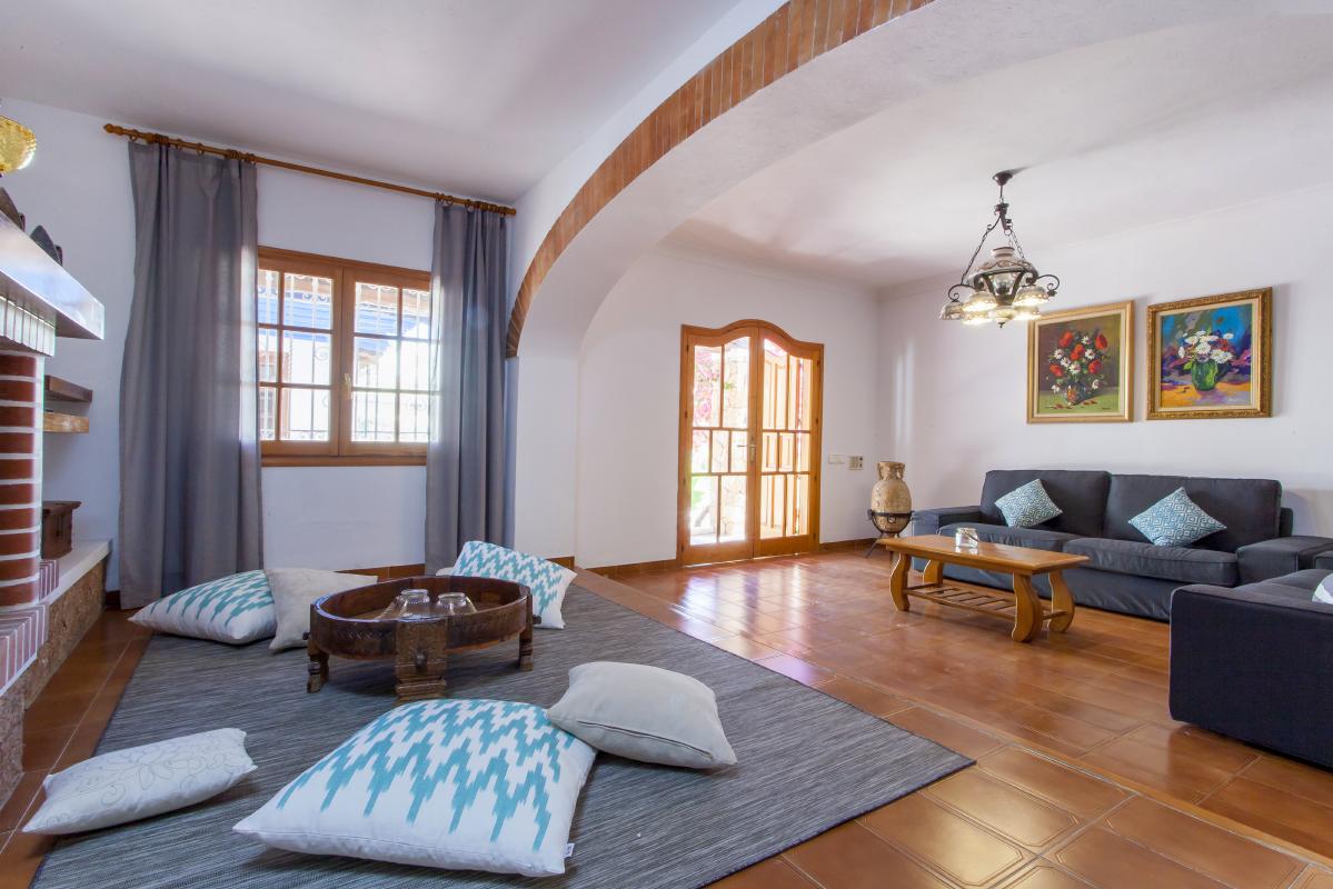 Interior spacious living room with sofas and chill out